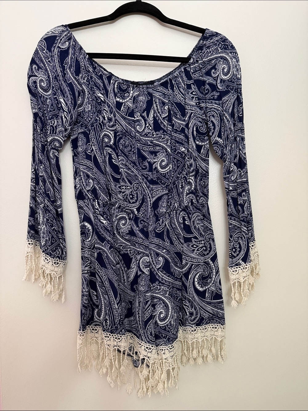 Navy Paisley Fringe Hem off shoulder romper